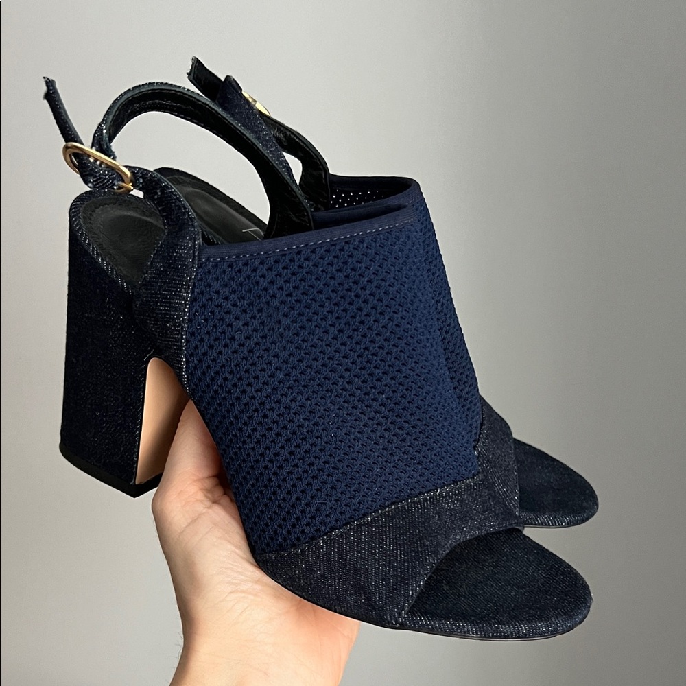 AGL Attilio Giusti Leombruni denim jean mesh slingback sandals block heels 37